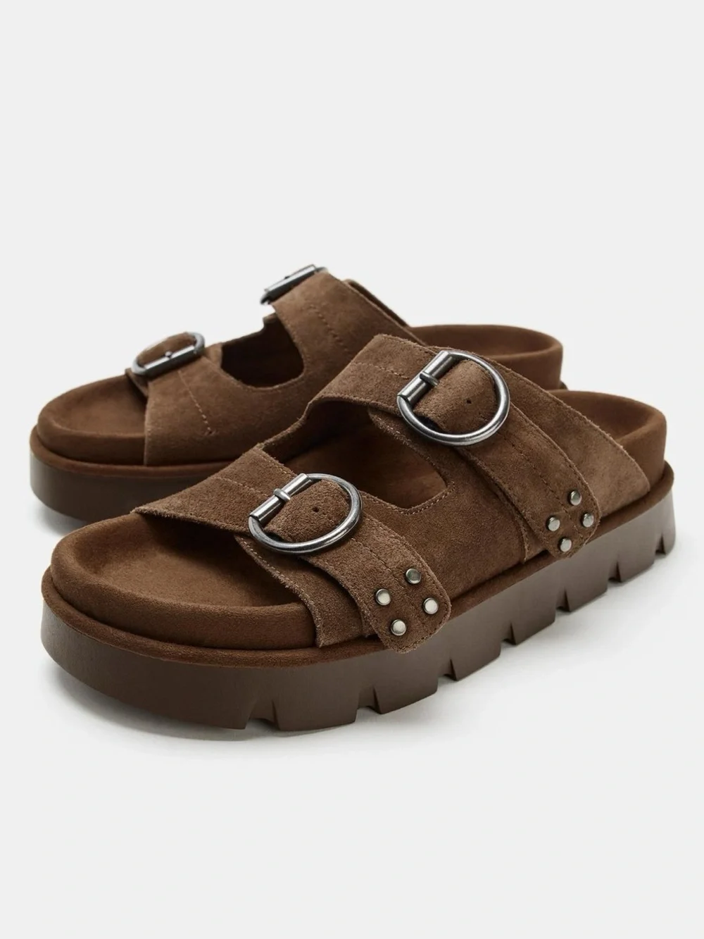 Zara Buckled Suede Platform Sandals in a dark tan color